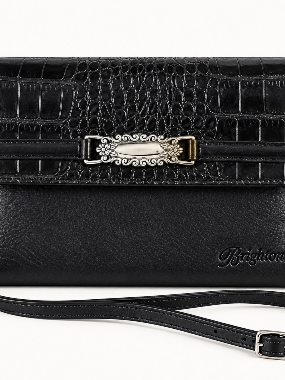 Brighton Black Leather Croc Embossed Organizer Crossbody Wallet